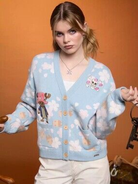 One Piece Chopper Cherry Blossom Light Blue Button Up Cardigan Size 2X